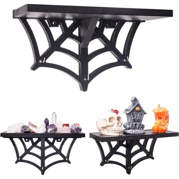Spider Web Floating Shelf - Gothic Halloween Hanging Shelf with Hooks for Wall - Picture 1 of 7